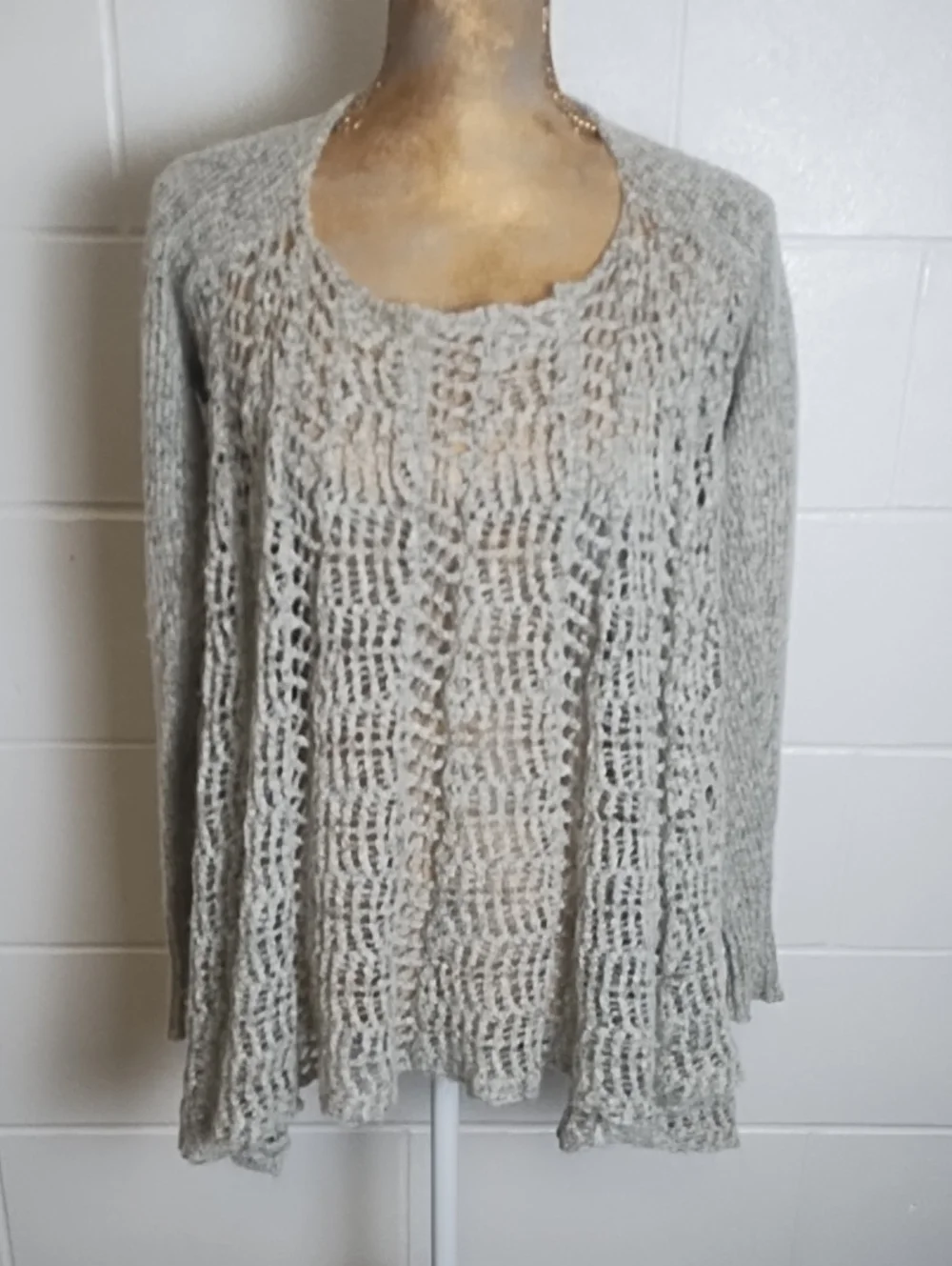 Light Gray Marled Open-Weave Scoop Neck Sweater Tunic S/M 8/10